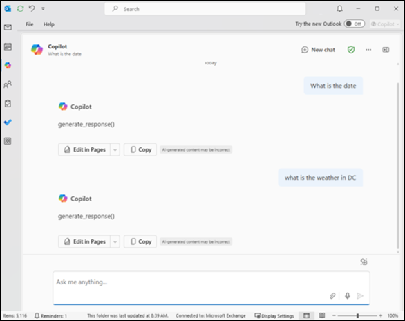 Copilot chat not disabled example of chat in classic Outlook