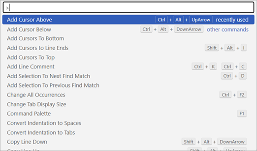 Screenshot showing all the keyboard shortcuts available in monaco