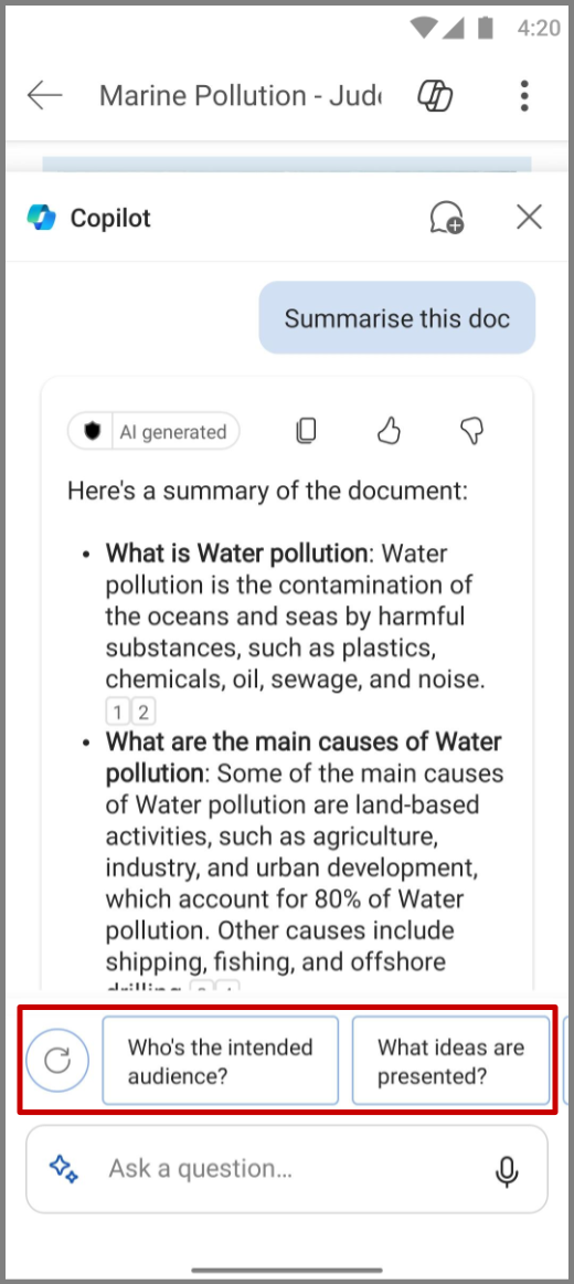 Screenshot of Copilot in Word on Android device with follow up questions highlighted