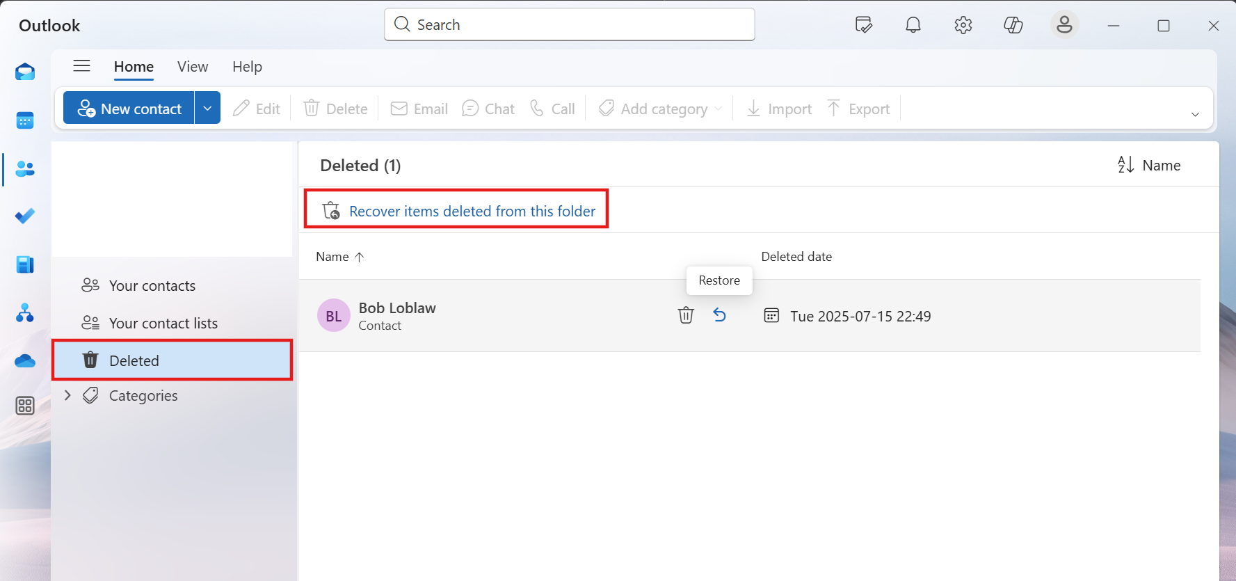 Screenshot of the deleted folder showing one contact with highlight on the path to the recoverable folder