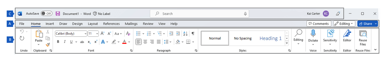 Ribbon in Word, showing the main regions of the ribbon.