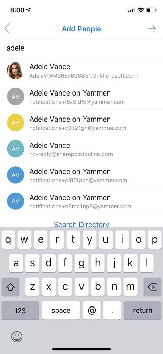 Shows a mobile screen, with "Add people" at the top, and a list of people below.