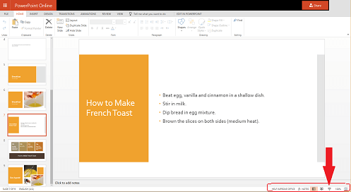 To start the slide show from the current slide, click the Slide Show button at the lower-right corner of your browser.