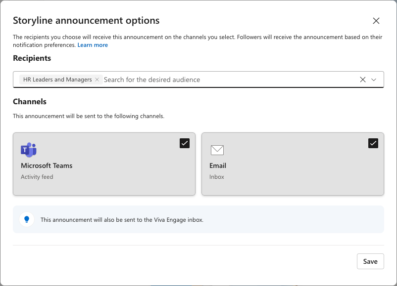 Image of the storyline announcements setting available to leaders with an Audience in Viva Engage