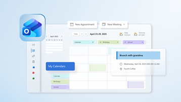 Illustration of the calendar interface from Microsoft Outlook, highlighting features like multiple calendar categories, weather forecast, and a scheduled events.