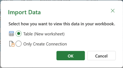 The Import Data options that appear when you choose the Close & Load to option.