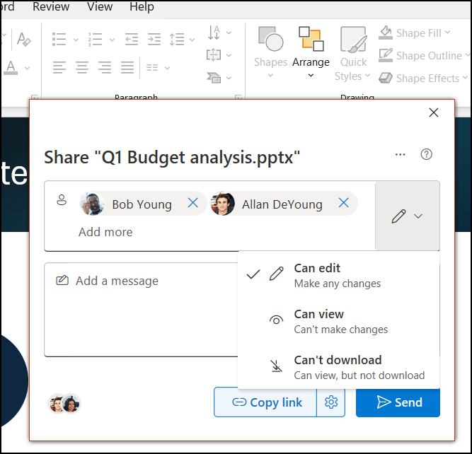 Share icon and dialog box in PowerPoint
