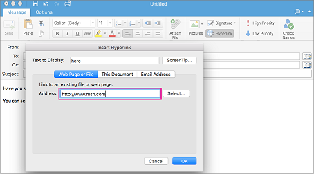 Hyperlink dialog in Outlook for Mac