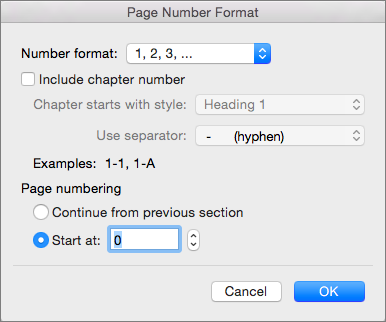 Select numbering style and the starting number in Page Number Format.