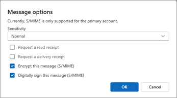 Message options allows you to choose sensitivity levels, read or delivery receipts and S/MIME options.