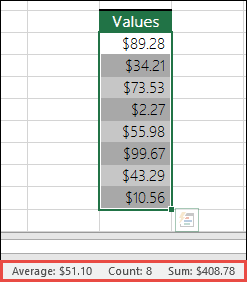Screen shot of selecting a range of cells, then looking in the Status Bar