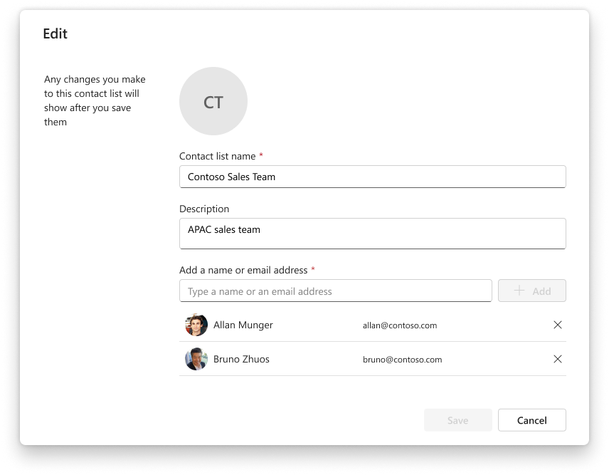 The editor dialog for contact lists which shows the option to edit the name, add and remove contacts, or change the description