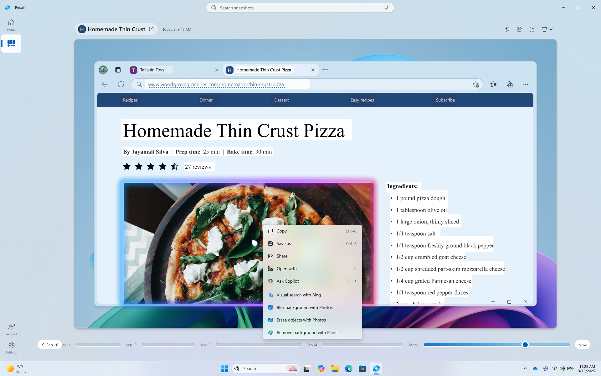 Screeshot of interacting with an image in Recall